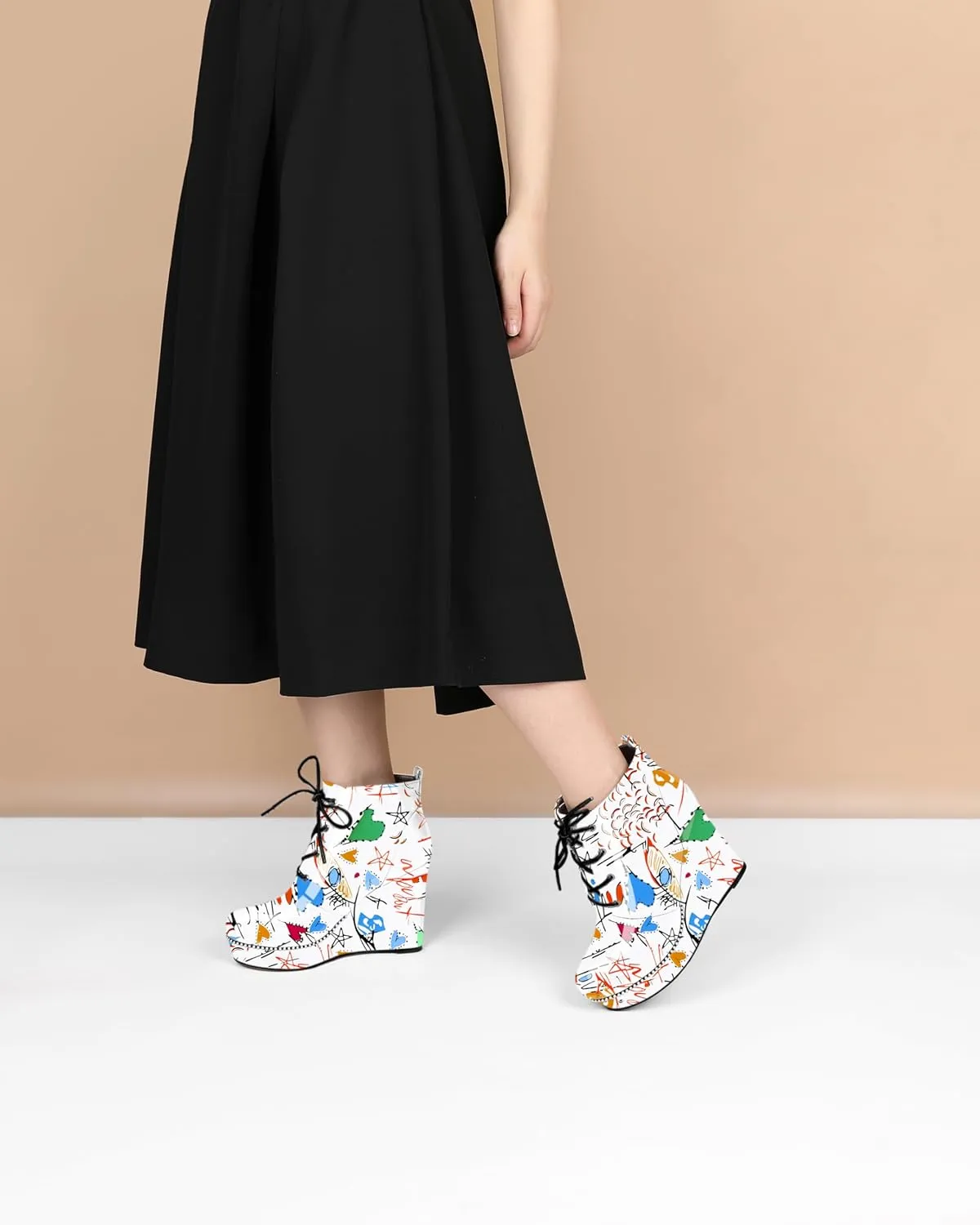 Eldof Wedge Ankle Boots for Women Round Toe Lace Up Beaded High Heeled Short Booties 4 Inches Patent Leather