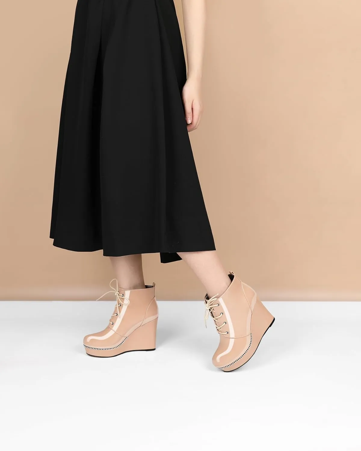 Eldof Wedge Ankle Boots for Women Round Toe Lace Up Beaded High Heeled Short Booties 4 Inches Patent Leather