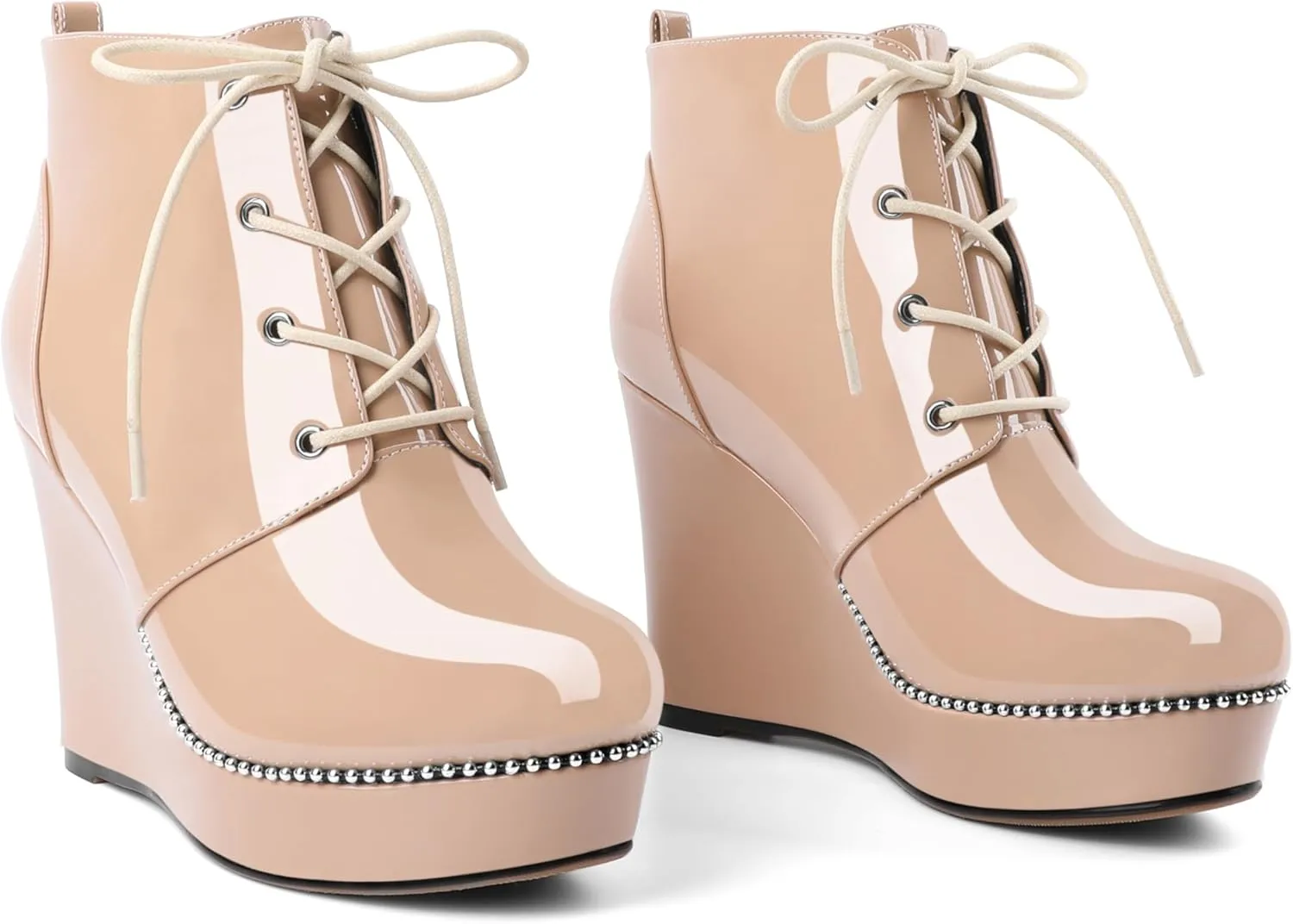 Eldof Wedge Ankle Boots for Women Round Toe Lace Up Beaded High Heeled Short Booties 4 Inches Patent Leather