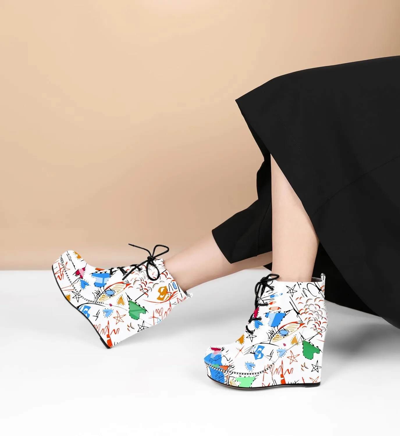 Eldof Wedge Ankle Boots for Women Round Toe Lace Up Beaded High Heeled Short Booties 4 Inches Patent Leather