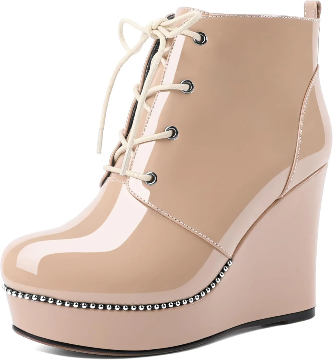 Eldof Wedge Ankle Boots for Women Round Toe Lace Up Beaded High Heeled Short Booties 4 Inches Patent Leather