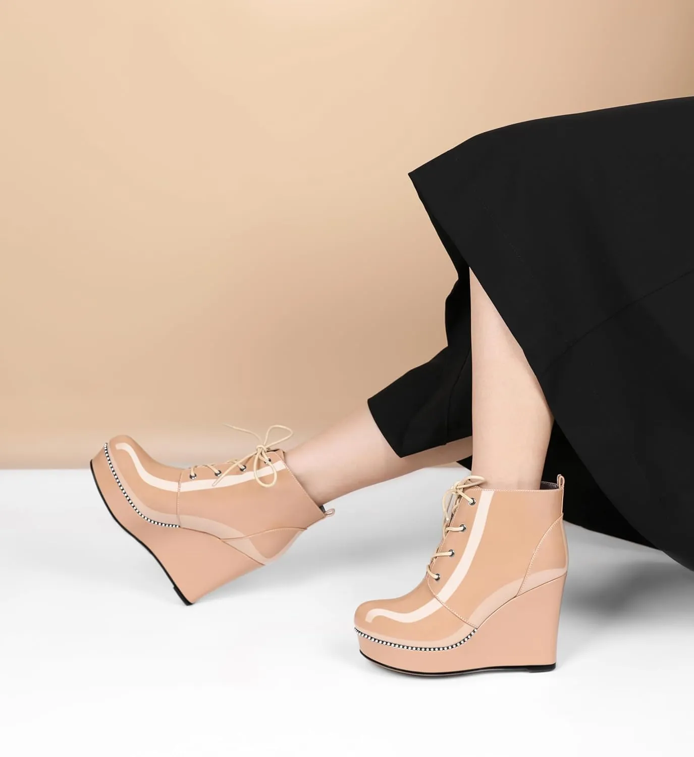 Eldof Wedge Ankle Boots for Women Round Toe Lace Up Beaded High Heeled Short Booties 4 Inches Patent Leather