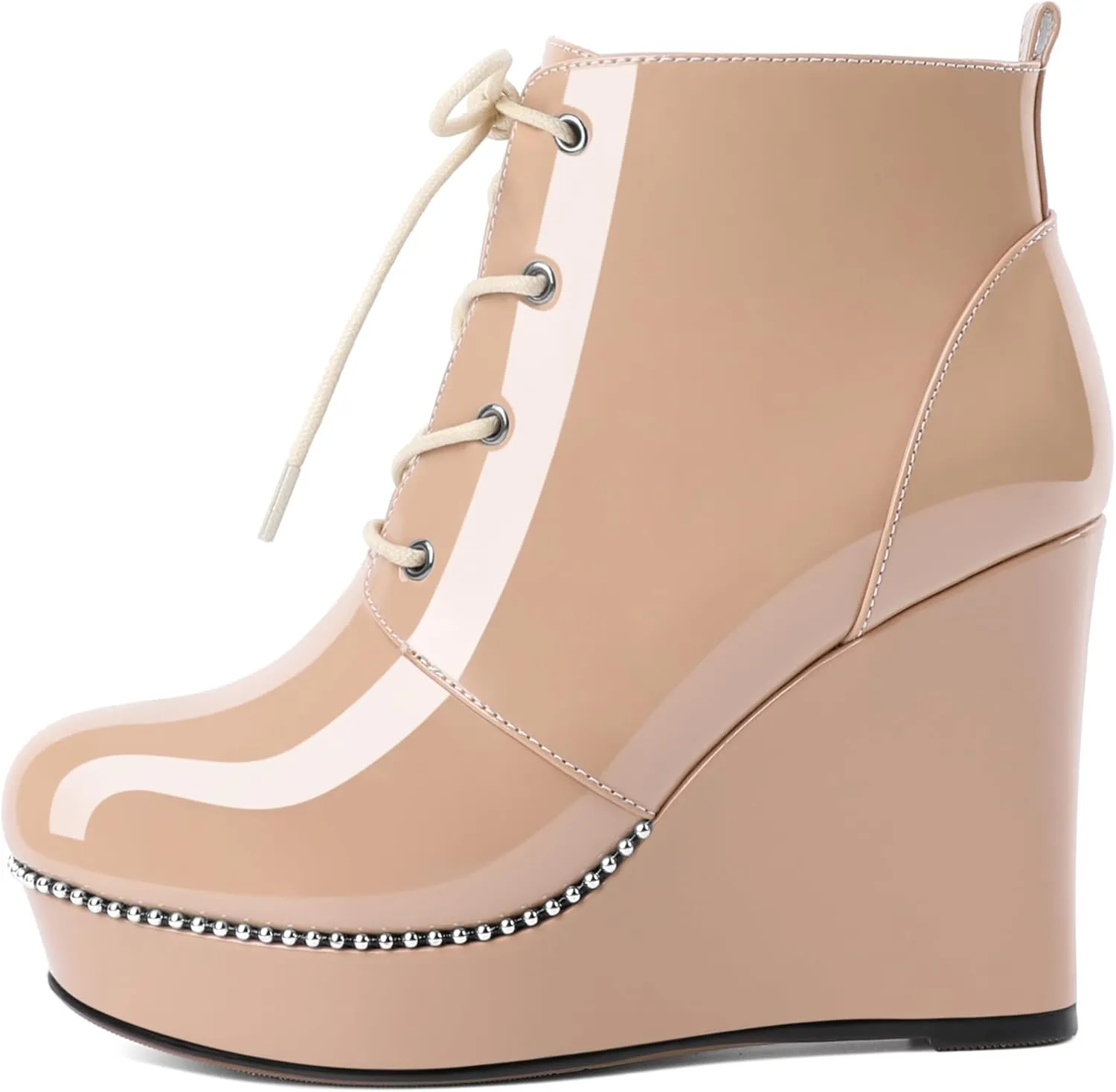 Eldof Wedge Ankle Boots for Women Round Toe Lace Up Beaded High Heeled Short Booties 4 Inches Patent Leather