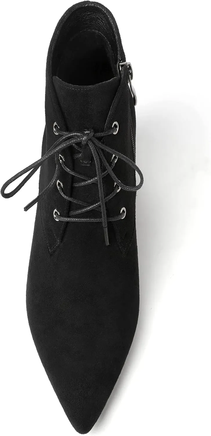 Eldof Women's Booties Low Chunky Heel Ankle Boots Pointed Toe Lace Up Comfortable Walking Boots