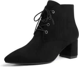 Eldof Women's Booties Low Chunky Heel Ankle Boots Pointed Toe Lace Up Comfortable Walking Boots