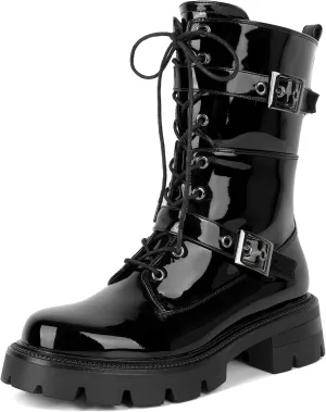 Eldof Women's Combat Boots Ankle Booties Lace Up Platform Lug Sole Chunky Low Heel Buckle Goth Motorcycle Boots for Women Side Zipper 2 Inches