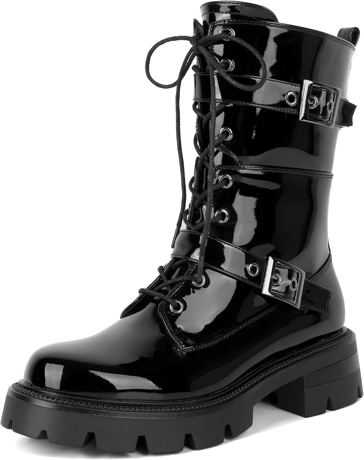 Eldof Women's Combat Boots Ankle Booties Lace Up Platform Lug Sole Chunky Low Heel Buckle Goth Motorcycle Boots for Women Side Zipper 2 Inches