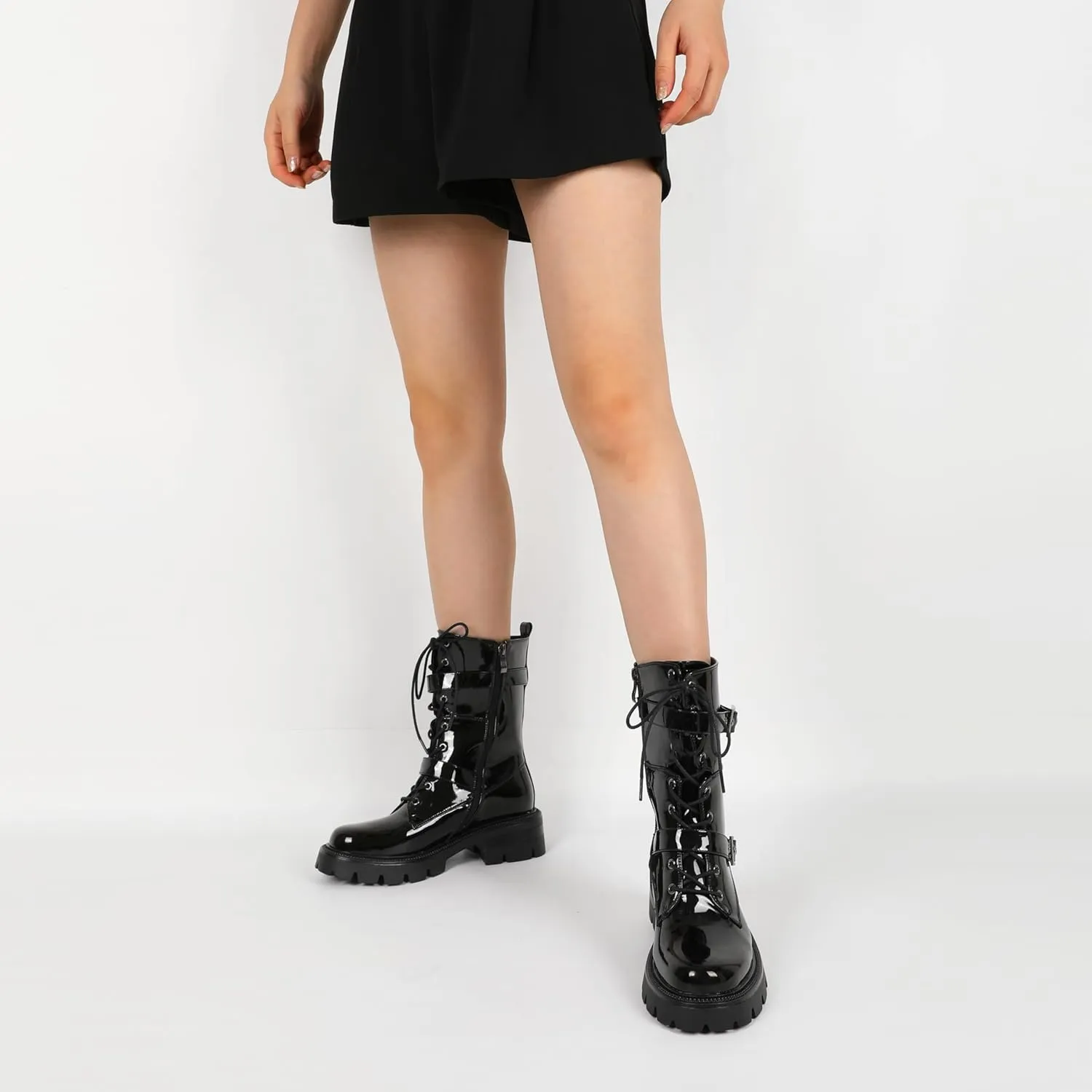 Eldof Women's Combat Boots Ankle Booties Lace Up Platform Lug Sole Chunky Low Heel Buckle Goth Motorcycle Boots for Women Side Zipper 2 Inches