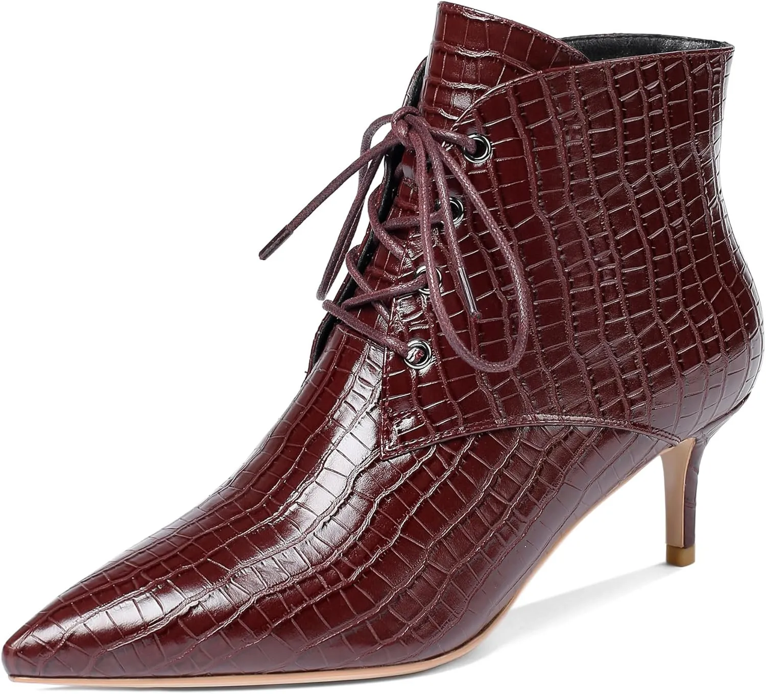 Eldof Women's Kitten Low Heel Ankle Boots Pointed Toe Lace Up Comfortable Walking Short Boots 2.5 Inches