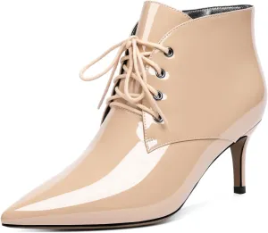 Eldof Women's Kitten Low Heel Ankle Boots Pointed Toe Lace Up Comfortable Walking Short Boots 2.5 Inches