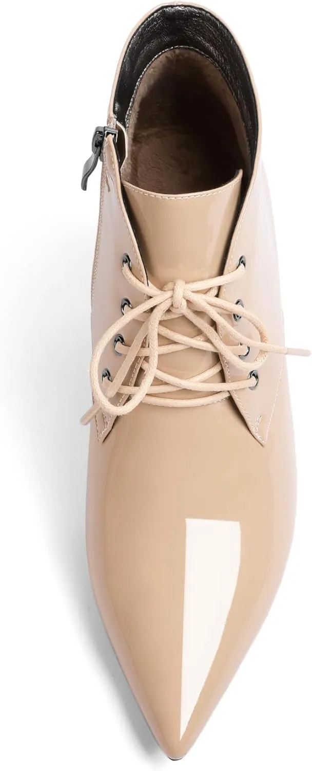 Eldof Women's Kitten Low Heel Ankle Boots Pointed Toe Lace Up Comfortable Walking Short Boots 2.5 Inches