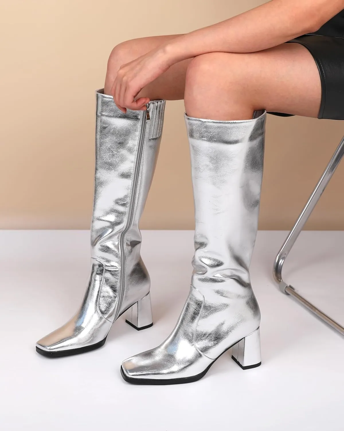 Eldof Women's Knee High Boots Square Toe Chunky Heel Tall Gogo Boots Zipper Closure 3 Inches