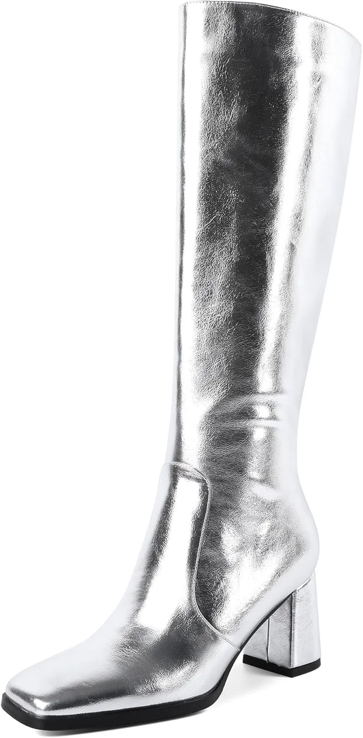 Eldof Women's Knee High Boots Square Toe Chunky Heel Tall Gogo Boots Zipper Closure 3 Inches