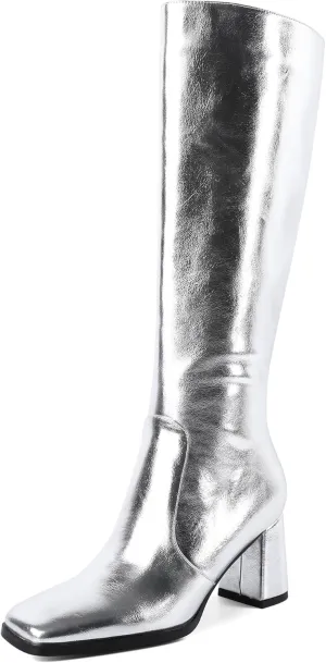 Eldof Women's Knee High Boots Square Toe Chunky Heel Tall Gogo Boots Zipper Closure 3 Inches
