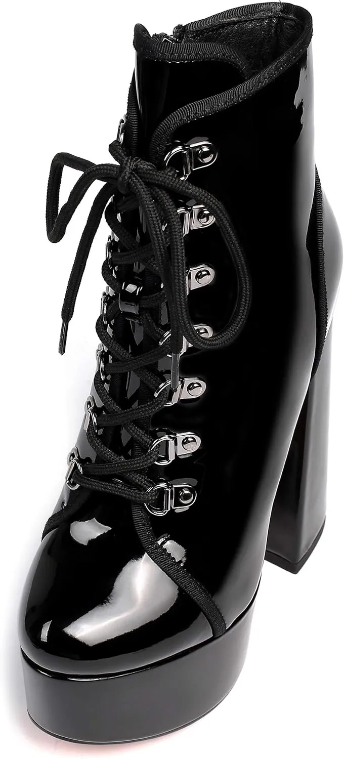 Eldof Women's Platform Ankle Bootie Chunky Block Heel Boots Lace Up with Zipper Comfortable Boots