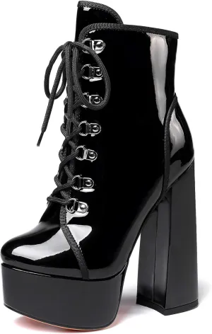 Eldof Women's Platform Ankle Bootie Chunky Block Heel Boots Lace Up with Zipper Comfortable Boots