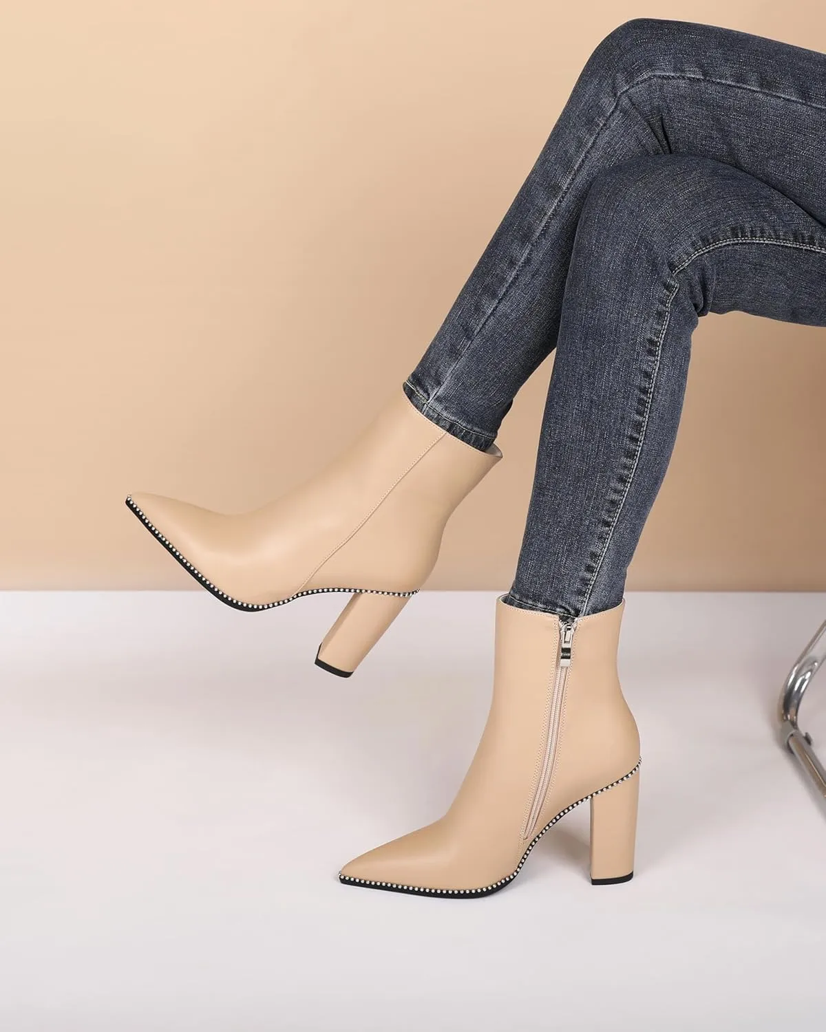 Eldof Womens Pointed Toe Beaded Chunky Ankle Boots Side Zipper 3.5 Inches