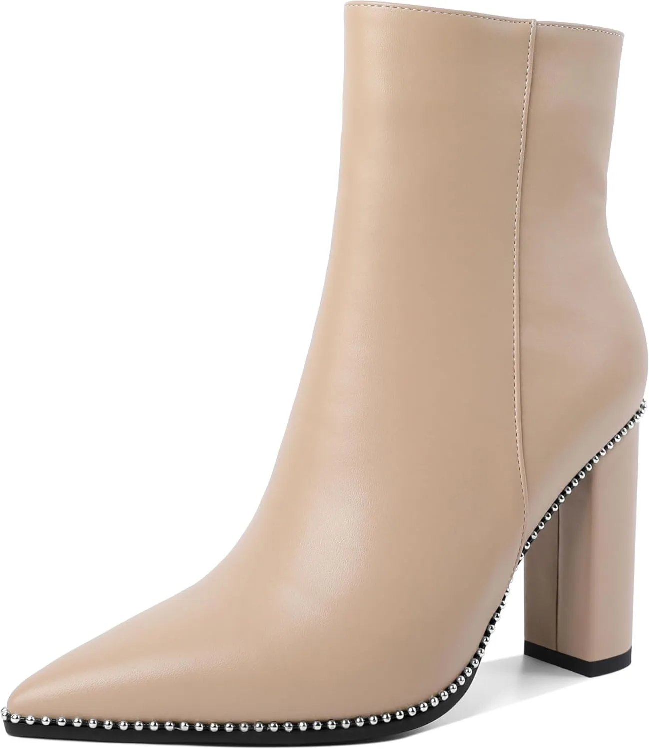 Eldof Womens Pointed Toe Beaded Chunky Ankle Boots Side Zipper 3.5 Inches