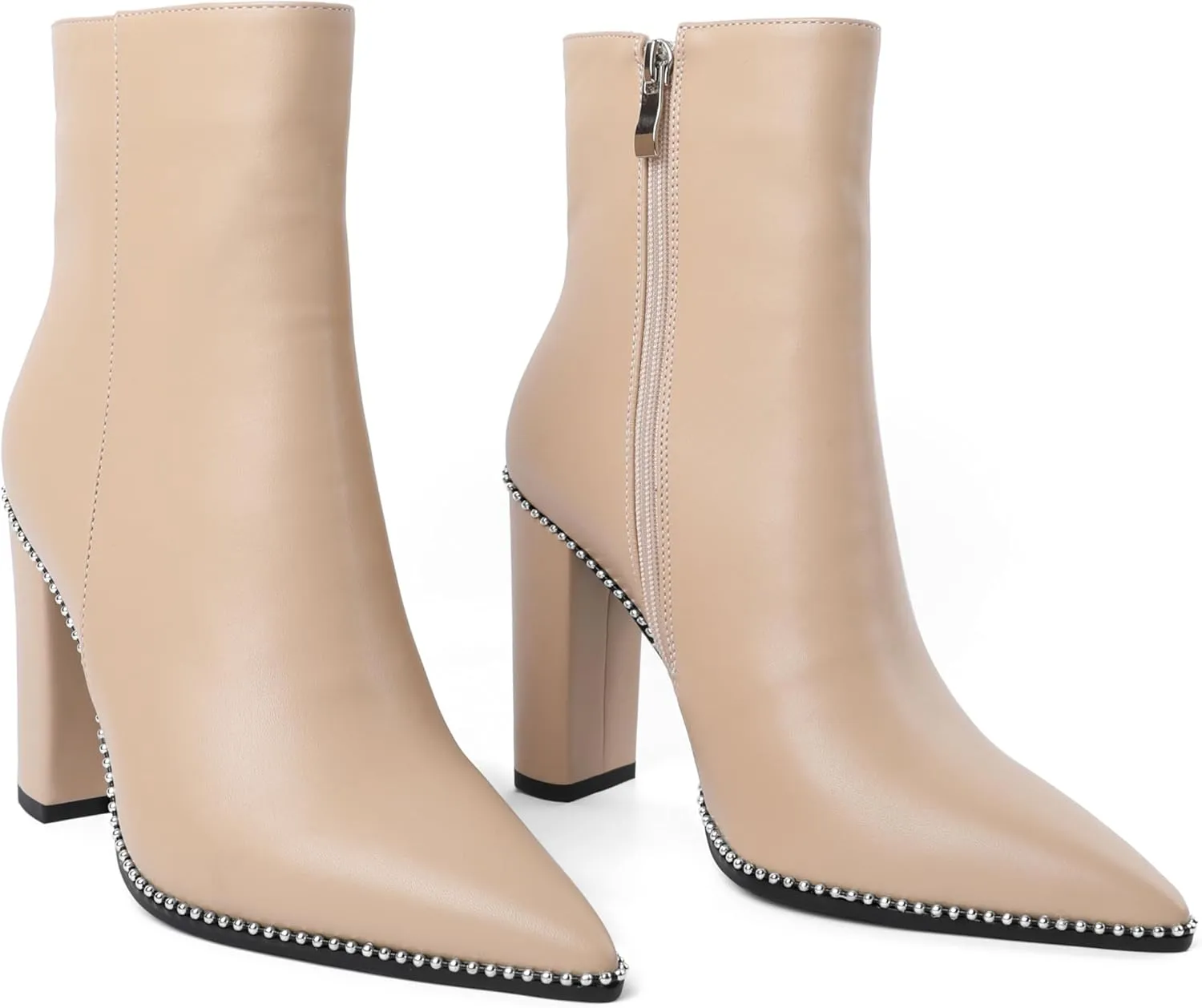 Eldof Womens Pointed Toe Beaded Chunky Ankle Boots Side Zipper 3.5 Inches