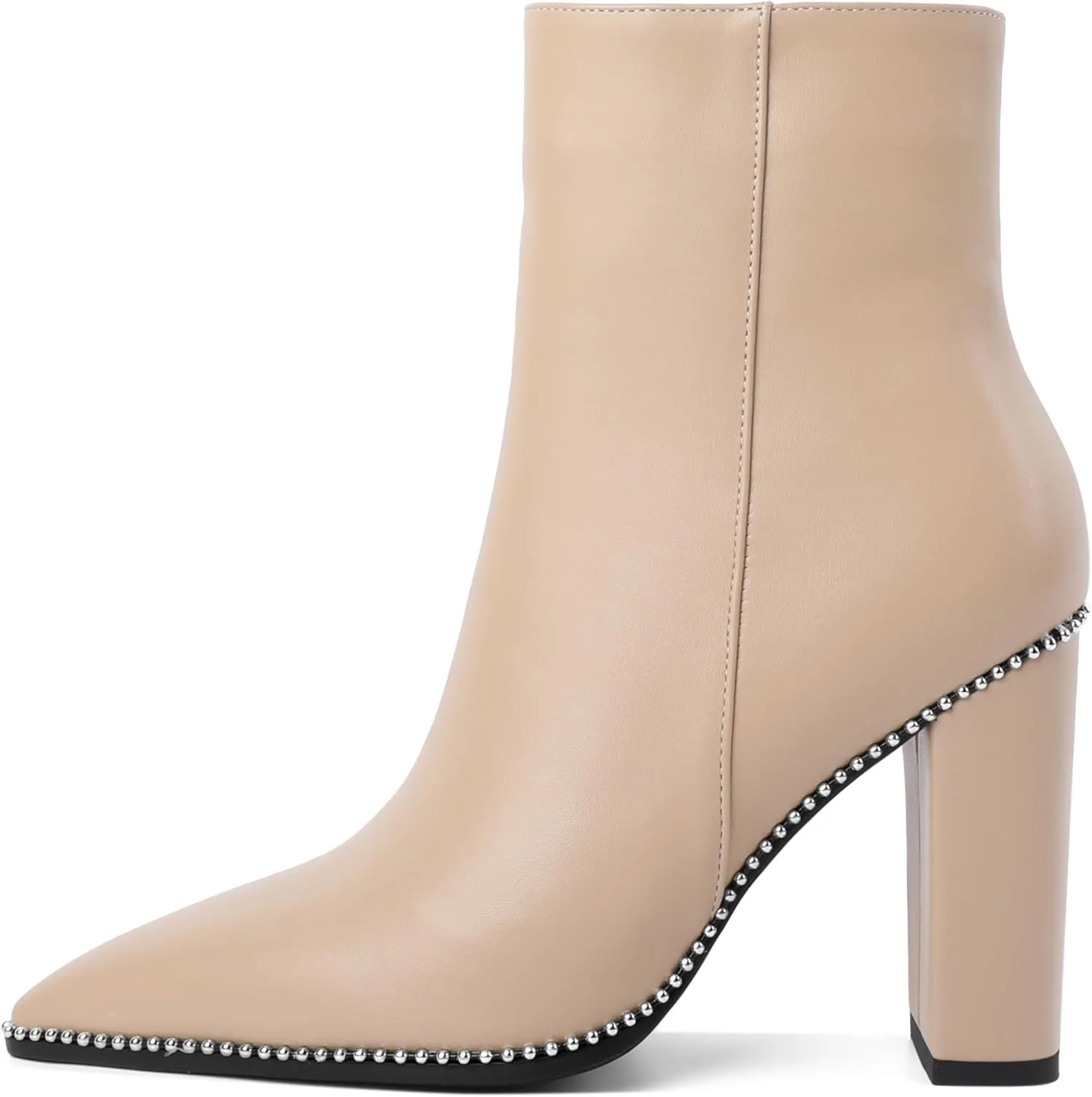 Eldof Womens Pointed Toe Beaded Chunky Ankle Boots Side Zipper 3.5 Inches