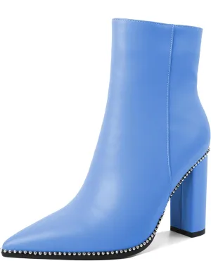 Eldof Womens Pointed Toe Beaded Chunky Ankle Boots Side Zipper 3.5 Inches