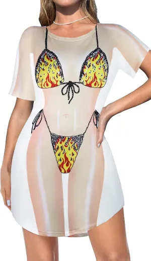 elescat Women's Beach Cover Up Bikini Printed Short Sleeve Tshirt Dress Baggy Cute Coverups