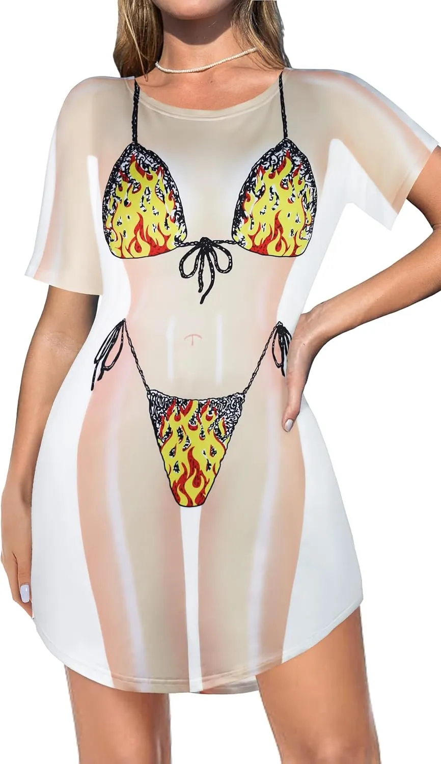 elescat Women's Beach Cover Up Bikini Printed Short Sleeve Tshirt Dress Baggy Cute Coverups