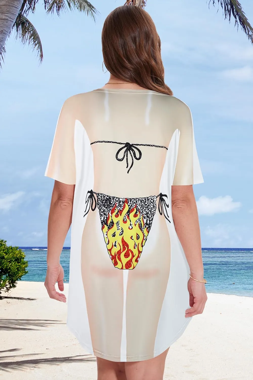 elescat Women's Beach Cover Up Bikini Printed Short Sleeve Tshirt Dress Baggy Cute Coverups