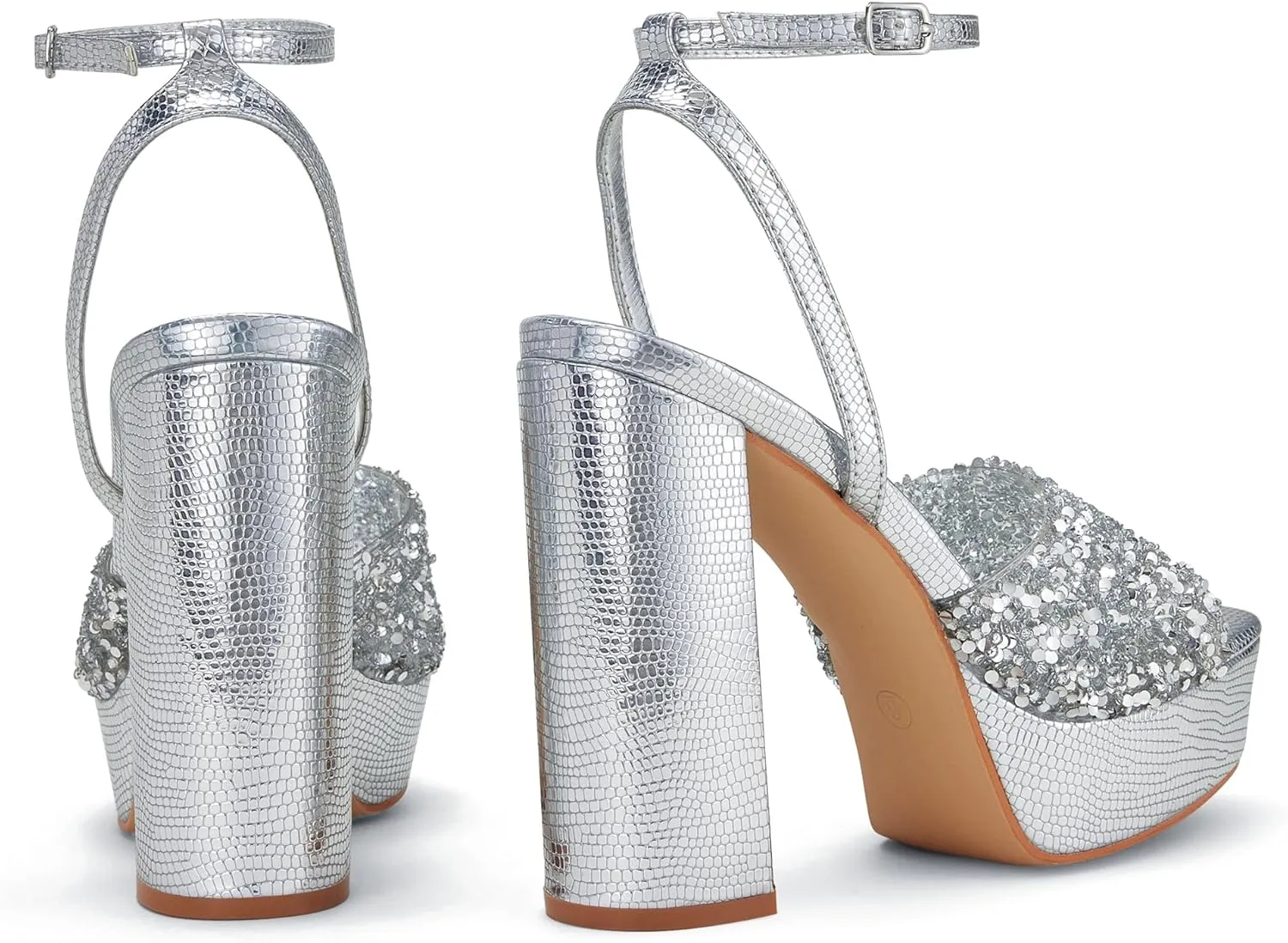 Elisabet Tang 4IN rhinstone square toe platform strappy chunky block dressy heeled sandals sparkly Lizard pattern leather heels for evening prom