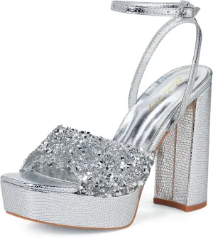 Elisabet Tang 4IN rhinstone square toe platform strappy chunky block dressy heeled sandals sparkly Lizard pattern leather heels for evening prom