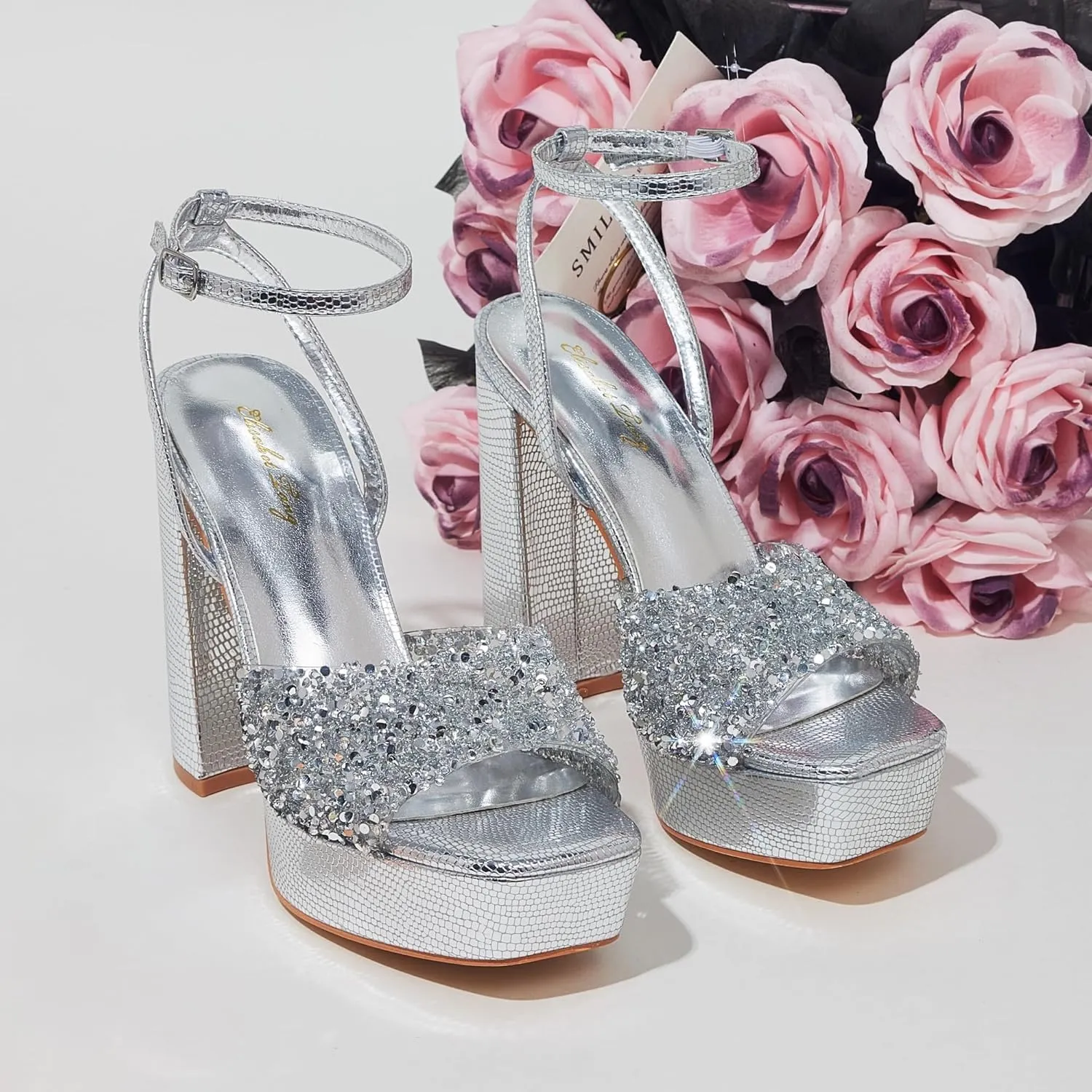 Elisabet Tang 4IN rhinstone square toe platform strappy chunky block dressy heeled sandals sparkly Lizard pattern leather heels for evening prom