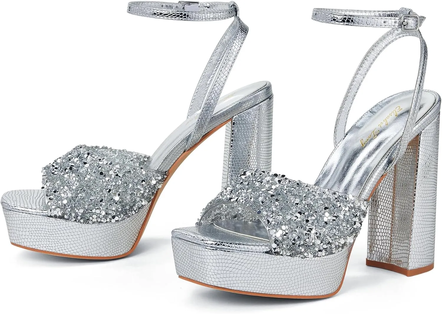 Elisabet Tang 4IN rhinstone square toe platform strappy chunky block dressy heeled sandals sparkly Lizard pattern leather heels for evening prom