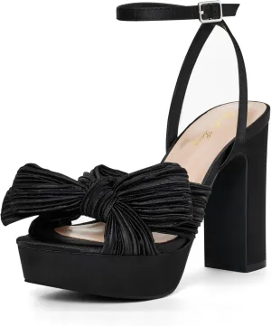 Elisabet Tang Vintage Bow Strappy Platform Chunky Block Heels Satin Bowknot Round Toe Sandals 4 inch for Evening Prom Comfortable