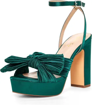 Elisabet Tang Vintage Bow Strappy Platform Chunky Block Heels Satin Bowknot Round Toe Sandals 4 inch for Evening Prom Comfortable