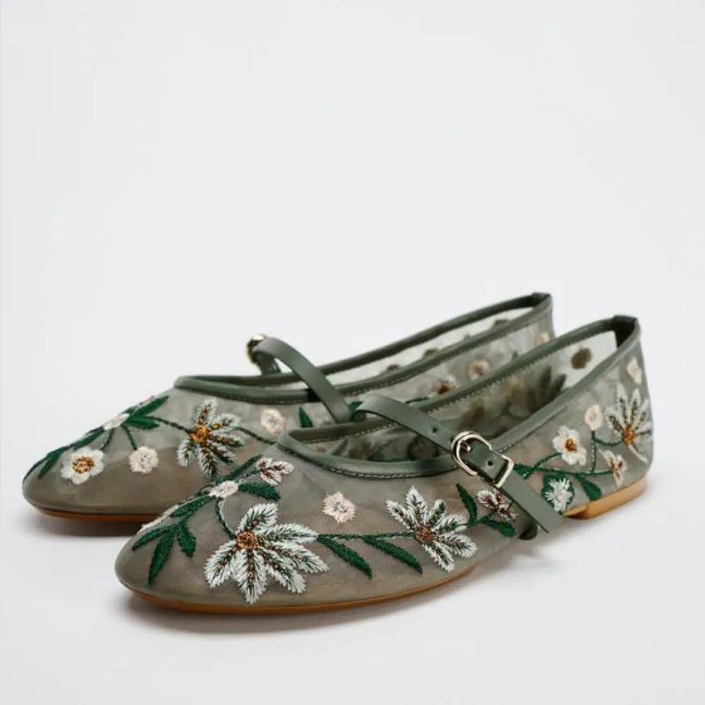 Embroidered Floral Mesh Ballet Flat for Women Round Toe Flats with Buckle Strap Slip On Mary Jane Flats Comfortable Casual Studded Ballerina Shoes
