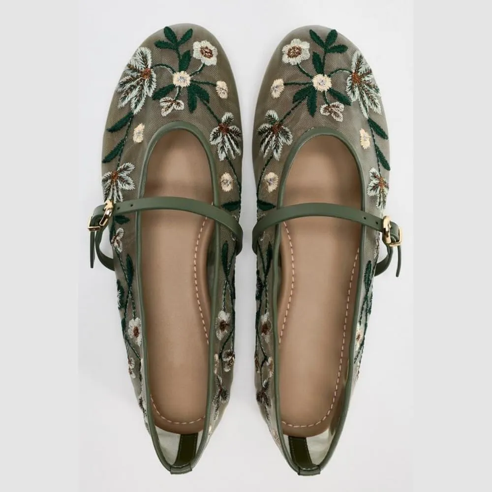 Embroidered Floral Mesh Ballet Flat for Women Round Toe Flats with Buckle Strap Slip On Mary Jane Flats Comfortable Casual Studded Ballerina Shoes