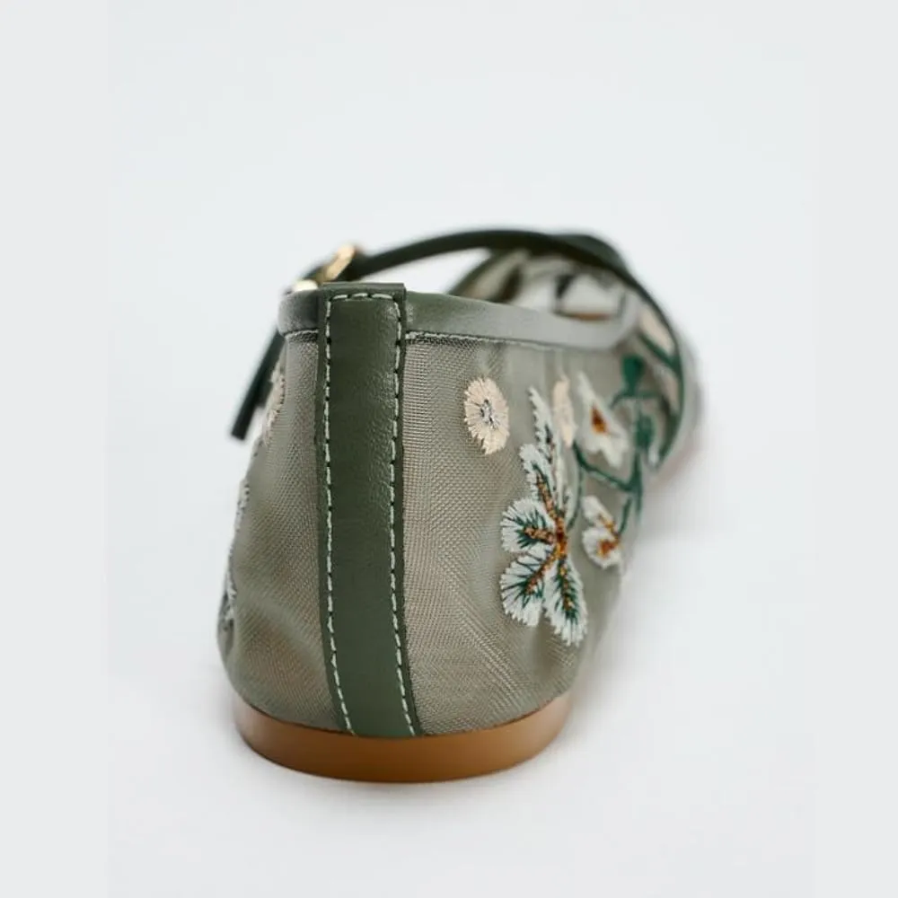 Embroidered Floral Mesh Ballet Flat for Women Round Toe Flats with Buckle Strap Slip On Mary Jane Flats Comfortable Casual Studded Ballerina Shoes