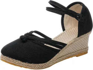 Espadrille Wedge Sandals for Women Platforms & Wedges Closed Toe Mid Wedge Heel Sandals Comfortable Ankle Strap Shoes Canvas Dress Shoes Lightweight Footwear for Beach Wedding Office Work Shoe 2025