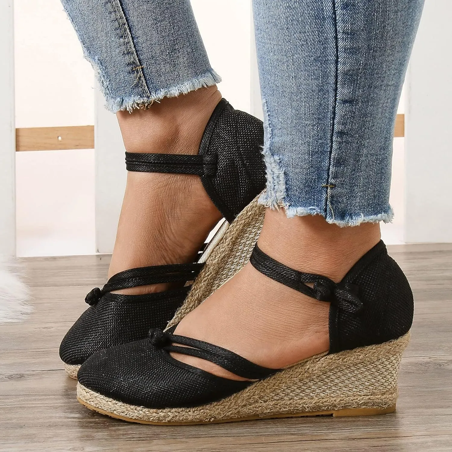 Espadrille Wedge Sandals for Women Platforms & Wedges Closed Toe Mid Wedge Heel Sandals Comfortable Ankle Strap Shoes Canvas Dress Shoes Lightweight Footwear for Beach Wedding Office Work Shoe 2025
