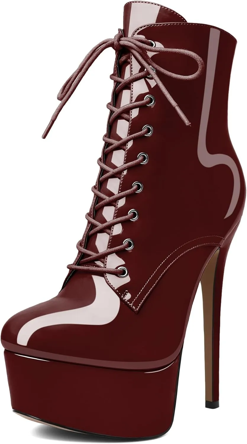 Esvowido Women's Ankle Booties Lace Up Boots Platform High Heel Round Toe Stilettos Short Boots with Side Zipper Sexy Ankle Boots