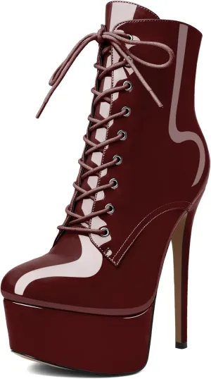 Esvowido Women's Ankle Booties Lace Up Boots Platform High Heel Round Toe Stilettos Short Boots with Side Zipper Sexy Ankle Boots