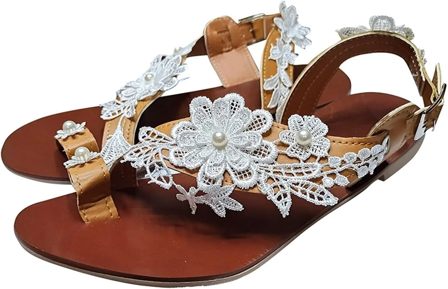 Fashion Women’s Pearl Floral Lace T-Strap Sandals Beach Clip-On Holiday Flats with Adjustable Buckle for Summer Beach