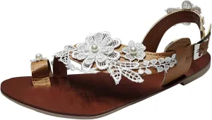 Fashion Women’s Pearl Floral Lace T-Strap Sandals Beach Clip-On Holiday Flats with Adjustable Buckle for Summer Beach