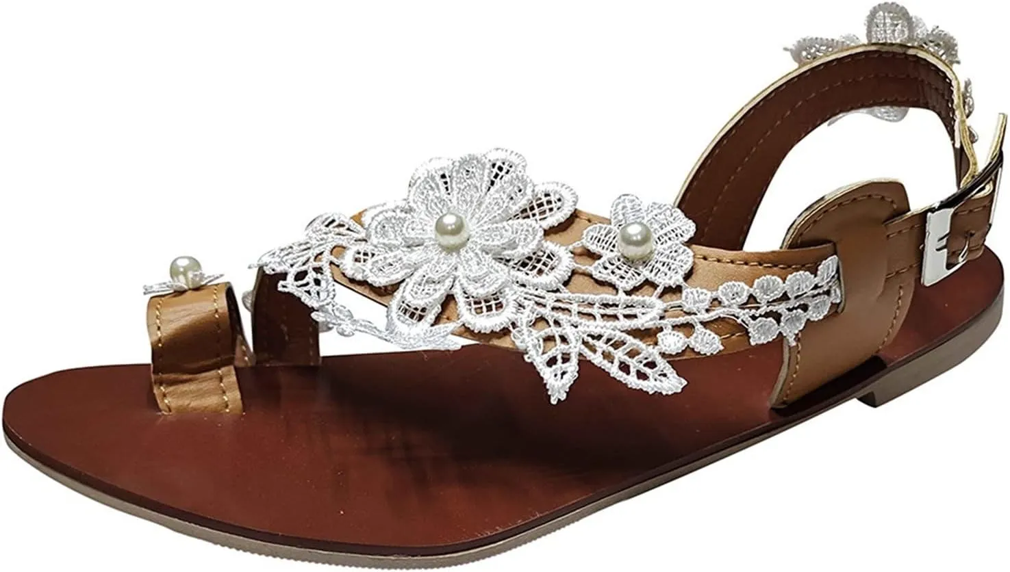 Fashion Women’s Pearl Floral Lace T-Strap Sandals Beach Clip-On Holiday Flats with Adjustable Buckle for Summer Beach