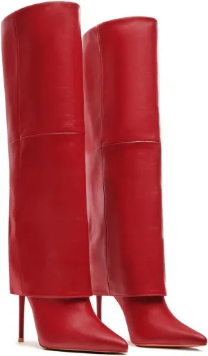 femflame Red Fold Over Boots For Women Pointed Toe Stiletto Heel Knee High Boots Wide Calf High Heel Long Boots Tall Boots