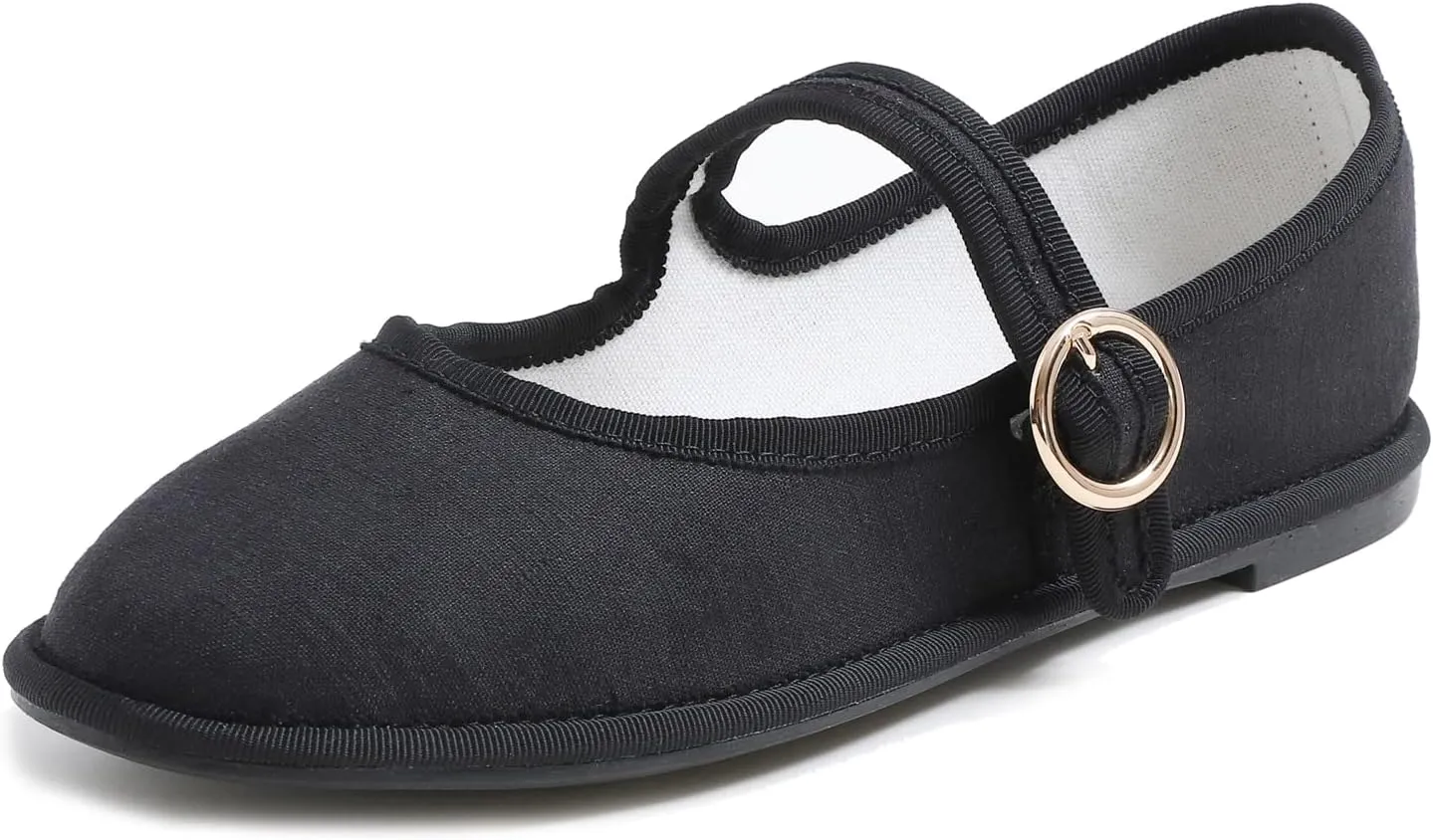 FEVERSOLE Women's Soft Breathable Mary Jane Memory Foam Cushioned Comfort Round Toe Metal Buckle Flats Walking Shoes