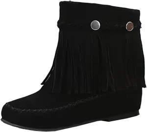 Flat Fringe Ankle Boots Cowgirl Western Tassel Booties Women Retro Vintage Low Heel Round Toe Pull On Short Boots