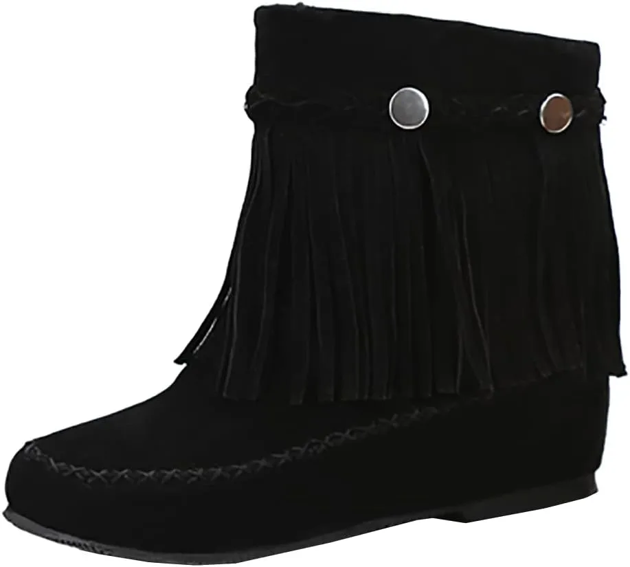 Flat Fringe Ankle Boots Cowgirl Western Tassel Booties Women Retro Vintage Low Heel Round Toe Pull On Short Boots