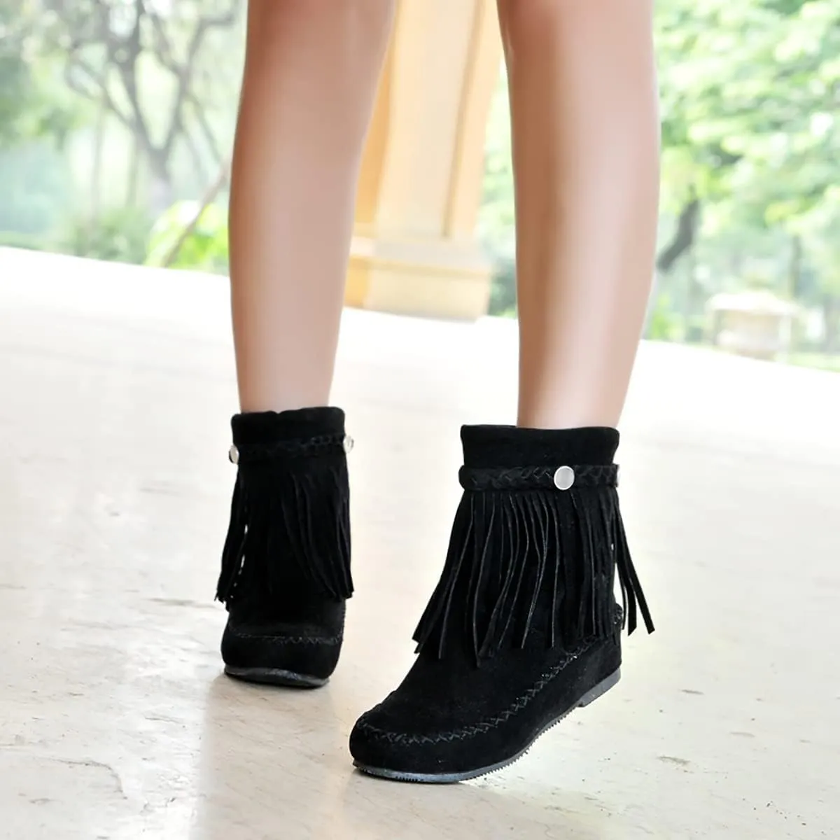 Flat Fringe Ankle Boots Cowgirl Western Tassel Booties Women Retro Vintage Low Heel Round Toe Pull On Short Boots