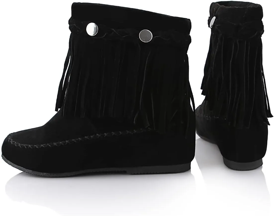 Flat Fringe Ankle Boots Cowgirl Western Tassel Booties Women Retro Vintage Low Heel Round Toe Pull On Short Boots